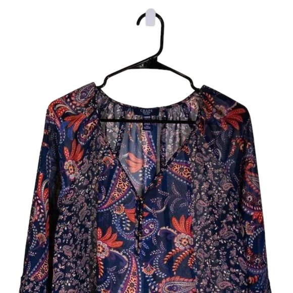 Chaps Ralph Lauren Women's Blouse Paisley V-Neck Puff Sleeve Boho Peasant Top PM - Picture 8 of 9
